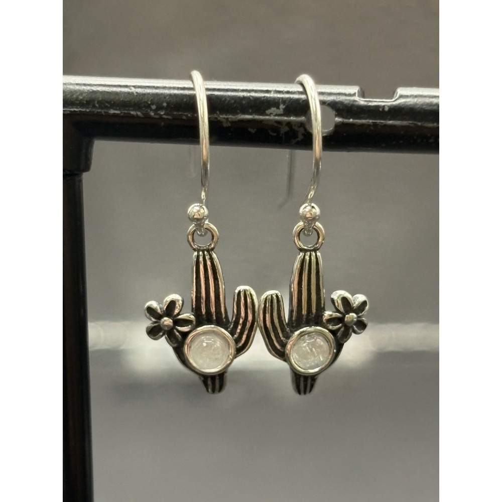 New Condition Sterling Silver Moonstone Cactus Dangle Earrings 925 H25